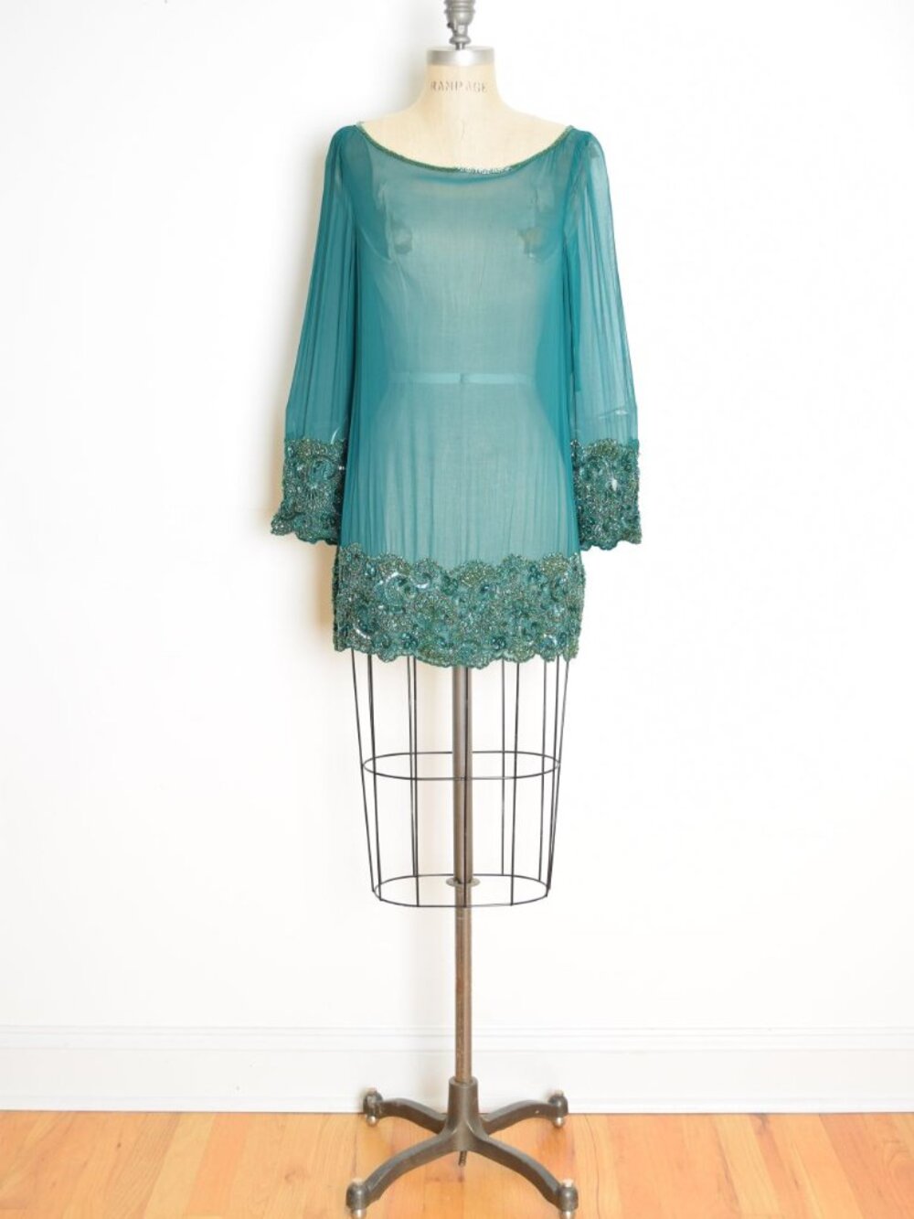 vintage 80s beaded dress green silk sequin flapper sheer chiffon tunic mini M